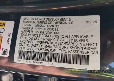 2025 Honda Accord Lx from USA, damaged, VIN 1HGCY1F25SA023129